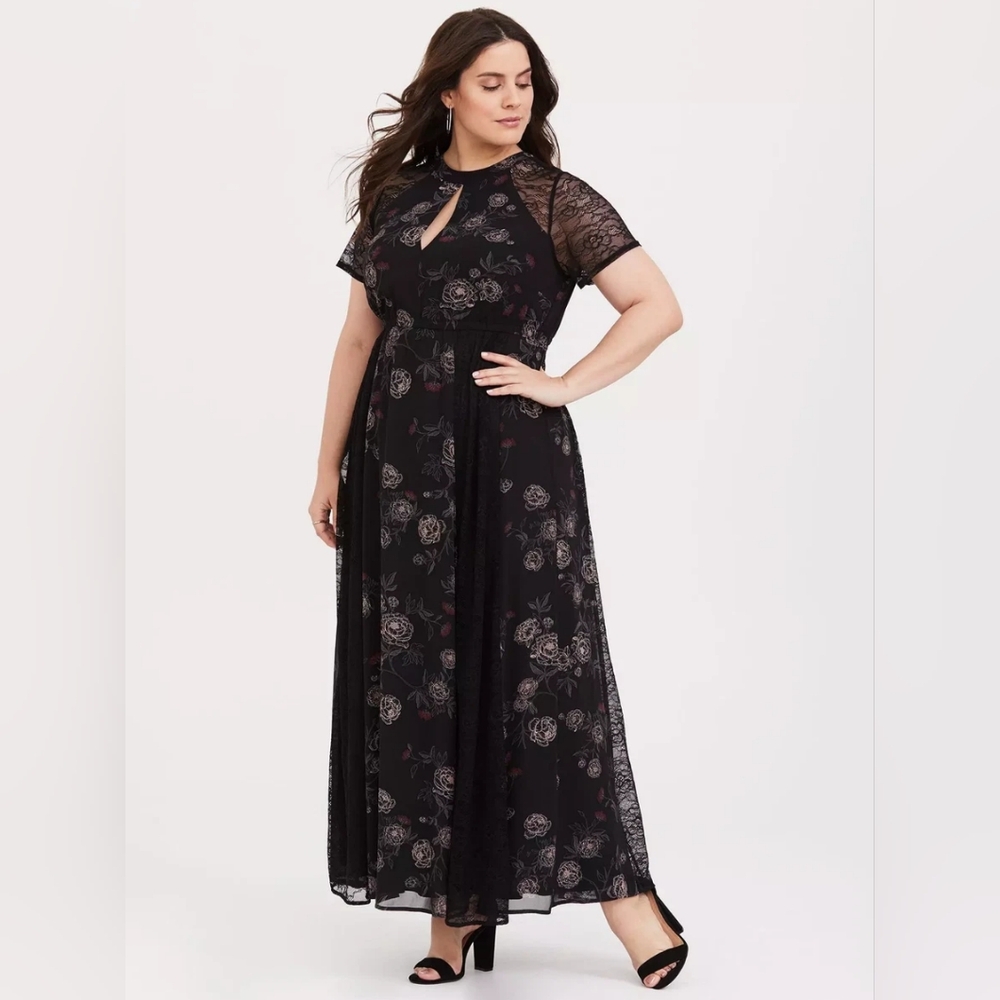Plus Torrid Black Floral Chiffon Lace Maxi Dress Sz 1 aka 14/16